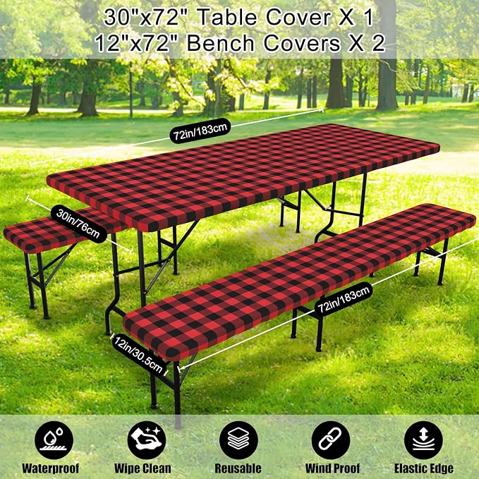 Smiry Picnic Table Cover with Bench Covers, Waterproof Elastic Fitted Tablecloths for 6 Foot Rectangle Tables, Washable Buffalo Plaid Tablecloth for Camping, Outdoor & Christmas (Black & Red, 30"x72")