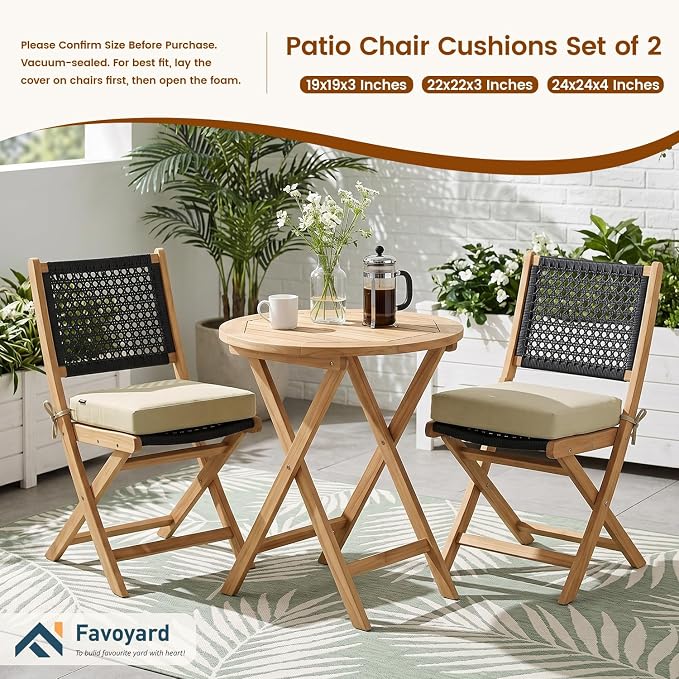 Favoyard Patio Chair Square Cushions Set of 2, Beige, 24 x 24 x 4 inches | 5-Year Fade-resistant & Water-resistant Memory Foam Pad with Removable Cover & Ties for Outdoor Furniture Dining Chairs Seat