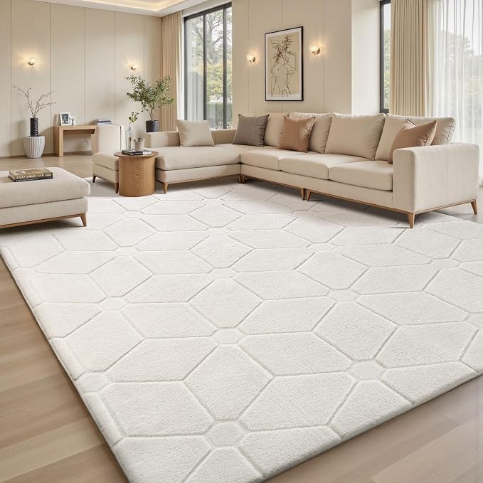 Sour Lemon Area Rugs 9x12 Living Room Bedroom, Large Carpet Cream Rug | Washable, Geometric Alfombra Para Salas Modernas, Non Slip Big Soft Thick Fluffy Plush, Memory foam Rug for Kids Playroom