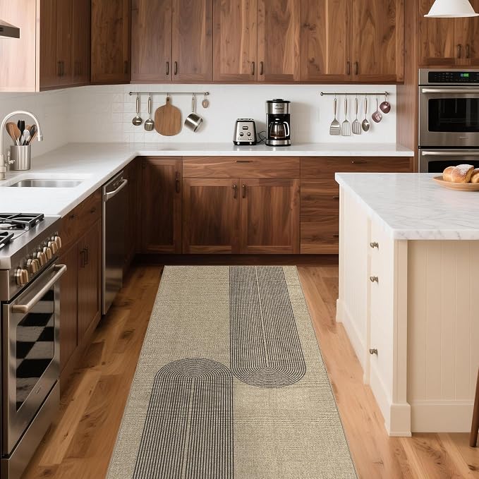 Outdoor Easy Jute Runner Rug: 2.5x8 Modern Natural Area Rugs for Front Patio Hallway Linen-Look Fabric Durable - Neutral Washable Mat for Entryway Kitchen Bedroom - Black Stripes
