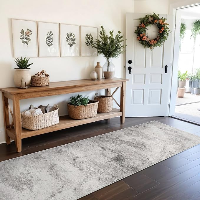 Carpet Runners for Hallway 8ft: Washable Non Slip Abstract Rugs Grey | for Kitchen Entryway Bedroom - Soft Stain Resistant Easy Clean Mat for Family with Pets