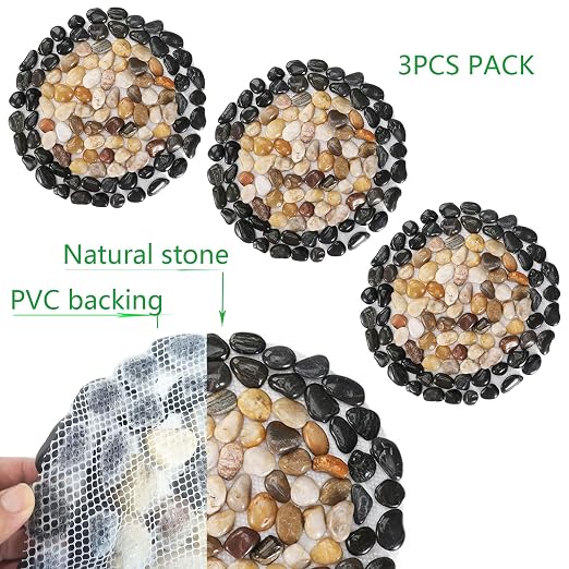 Garden Path Stepping Stone- 12 Inch Round Therapeutic Massage Stones, 3pcs Outdoor Decorative Stone Mats for Yard Pathway, Non-Slip Acupressure Flooring (Eco-Friendly, Polished River Rock)