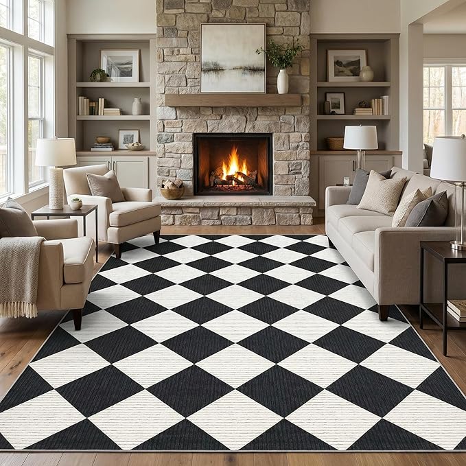 GarveeHome Black and White Area Rugs 8x10 Living Room Checkered Washable | Large Rug Soft Non Slip Backing Floor Mat Carpet Indoor Thin Rug for Bedroom Dining Room Playroom Nursery Home Decor