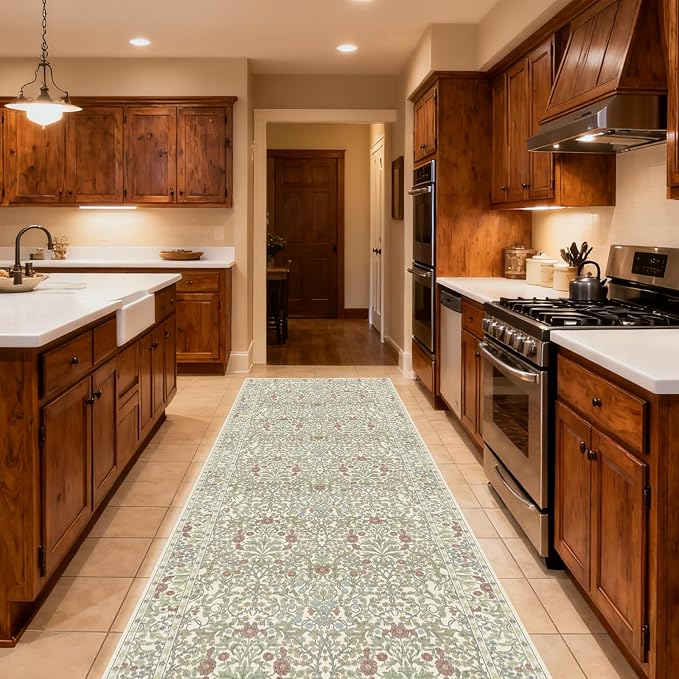 Washable 2'6" x 10' Runners for Hallways, Non Slip Long Floor Runner for Kitchen, Entryway Indoor, Stain Resistant Rubber Backing Floral Decor Rug (Light Green)