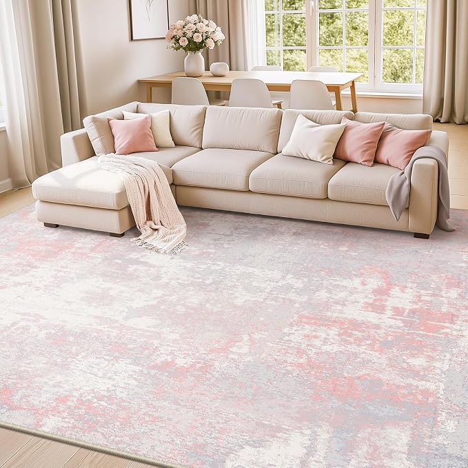RELEANY Washable 10'x14' Abstract Area Rug for Living Room Gray Pink | Carpet for Bedroom, Kitchen, Office, Hallway and Entryway, Printed Pattern, Non‑Slip, Soft, Stain‑Resistant, Easy to Clean