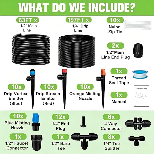 260FT Drip Irrigation System for Garden with 20 Nozzles & Emitters, Garden Watering System with 1/2" & 1/4" Tube and Barbed Fittings - Adjustable Sprinklers Kit for Greenhouse,Lawn,Pond De-Icer