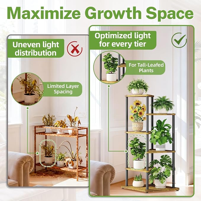 iDavosic.ly Tall Plant Stand Indoor for Large & Heavy Duty Planters, 5 Tier Corner Flower Shelf with Wooden Trays & Metal Frame, 41 Inch Orchid Rack for Living Room Balcony Porch, Black & Brown