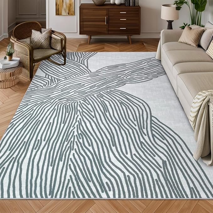 Grey Rug for Living Room, 6×9 Modern Abstract Area Rug, Geometric Contemporary Wave Striped Rugs for Playroom Nursery, Washable Nonslip Large Rug for Bedroom Dining Room