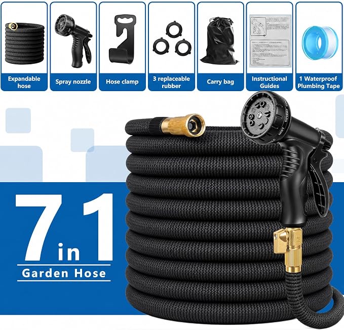 100 ft Expandable Garden Hose with 10-Function Spray Nozzle – Flexible Water Hose with 3/4" Solid Brass Fittings, 3750D Extra-Strong Fabric, 5-Layer Latex Core, Leakproof & Kink-Free Expanding Hose