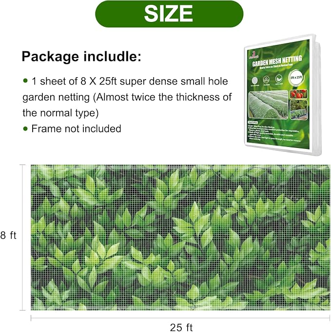 Garden Netting, Jevrench Durable Ultra Fine Garden Netting, Garden Plant Cover Row Cover Makes Plants, Vegetables, Fruits, and Flowers Grow Better (8ft x 25ft)