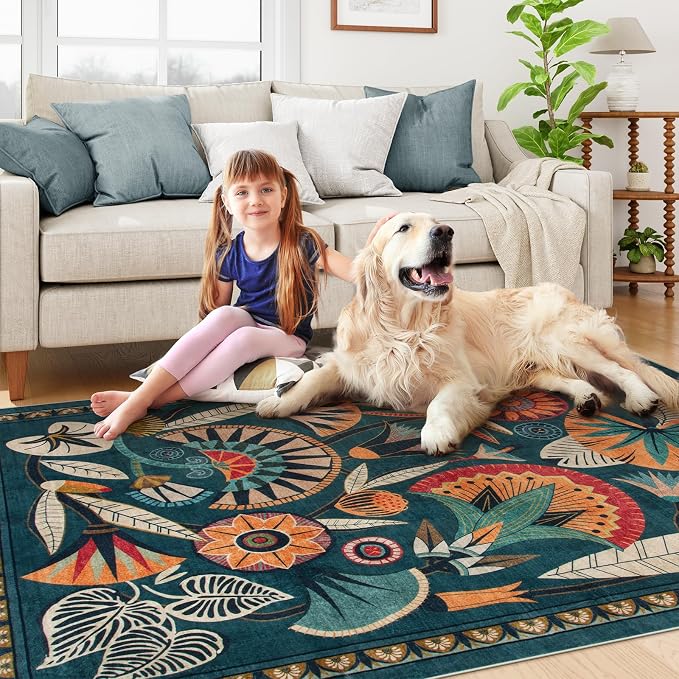 Zealude Boho Egypt Green Area Rugs for Living Room Bedroom, 5x7 Washable Large Dining Room Rug Non Slip, Floral Vintage Farmhouse Throw Carpet for Office Hardwood Floor Playroom (Dark Green,5 x 7)