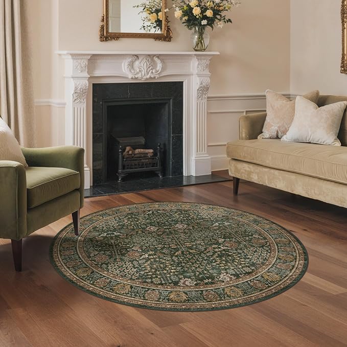 4ft Round Area Rug 4x4, Washable Non Slip, Dark Green Brown | Vintage Floral, Spill Resistant, Lightweight Low Pile Non-Shedding Carpet for Bedroom, Nursery and Kitchen