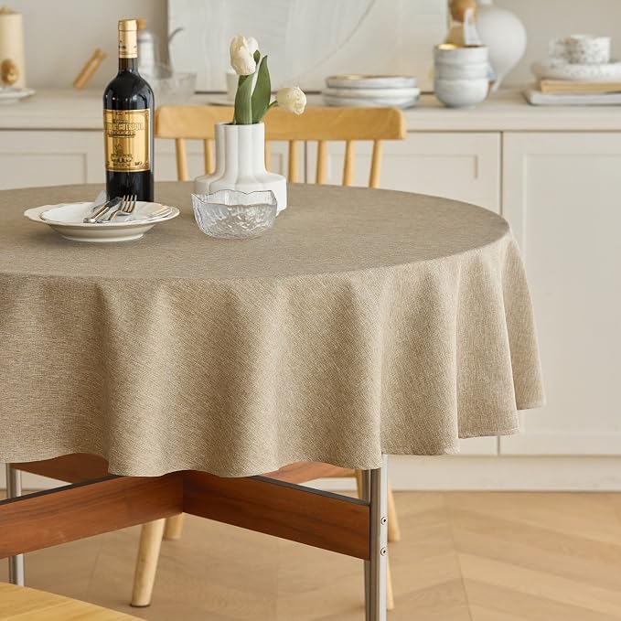 Decorelia Waterproof Faux Linen Farmhouse Round Table Cloth for Indoor/Outdoor, Decorative Rustic Fabric Tablecloth Cover for Party Picnic Dining & Kitchen Table (60 Inch, Round (2-4 Seats), Natural)
