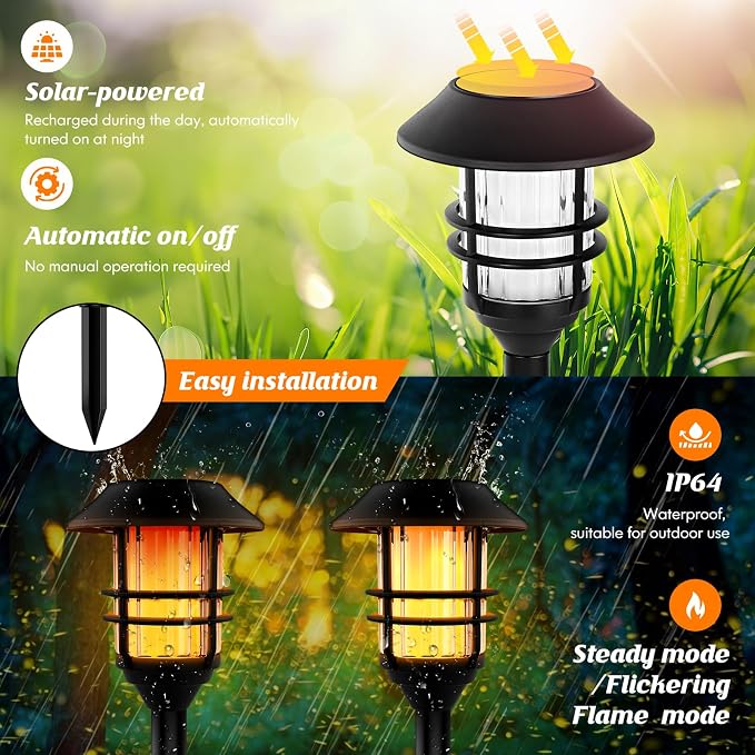 ZOOHAR Solar Outdoor Lights, Waterproof Pathway Torches, LED Metal Landscape Path Lights for Garden Patio Balcony & Pool (Pack of 4)