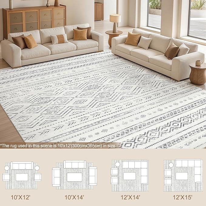 Tortania Area Rug Living Room Rugs- 10x14 Washable Large Soft Neutral Boho Moroccan Bohemian Farmhouse Rug Indoor Floor Carpet for Bedroom Under Dining Table Home Office Decor - Beige Gray