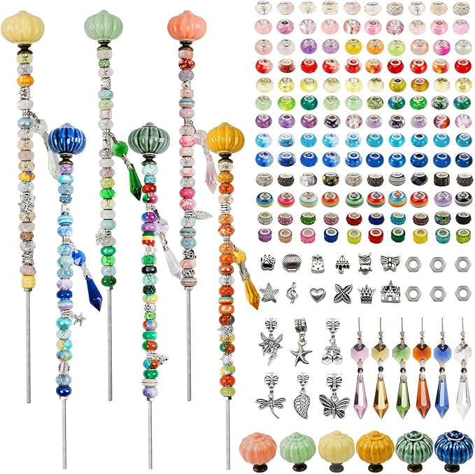 182Pcs Lantern Fairy Garden Stakes Kit, DIY Beaded Wand for Patio | 182pcs Set, 12" Rods, Ceramic Lantern Tops, Silver Charms & Crystal Drops, Ideal for Pots, Planters, Patio, Garden Gift