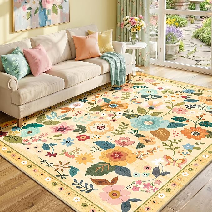 RELEANY Floral Washable 6x9 Area Rugs Yellow/Orange | Flower Carpet, Print, Boho, Non-Slip, Easy to Clean, Soft, Low Pile for Living Room Bedroom Kitchen Office Entryway Hallway
