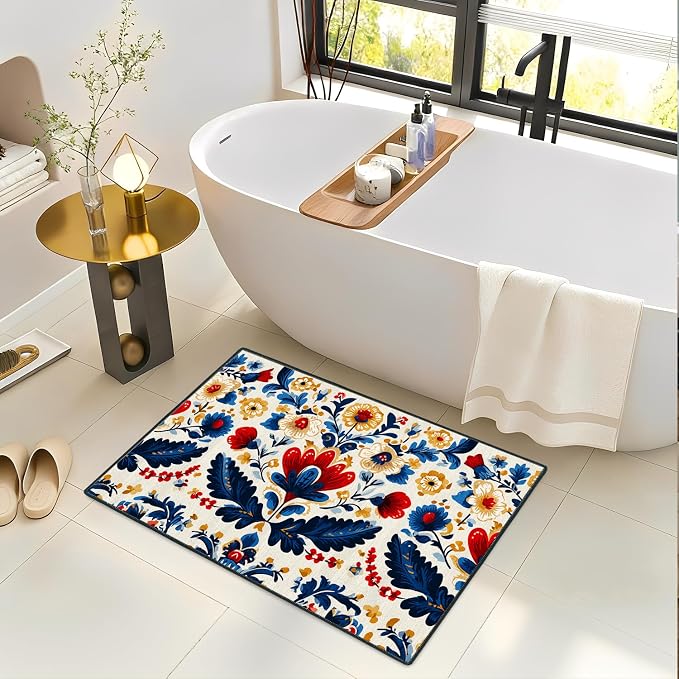 Red and Blue Floral 2x3 Entryway Rug,Non-Slip Washable Door Mat for Kitchen,Bathroom Front Door - Rubber Backing Stain Fade Resistant - Traditional Cottage Style Home Decor