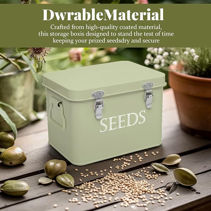 Ecopark Seed Storage Box, Professional All-in-one Kit with 2 Pens, 20 Plant Labels and 50 Seed Envelopes, Metal Storage Organizer, Saving Box, Seed Packet Container, Green