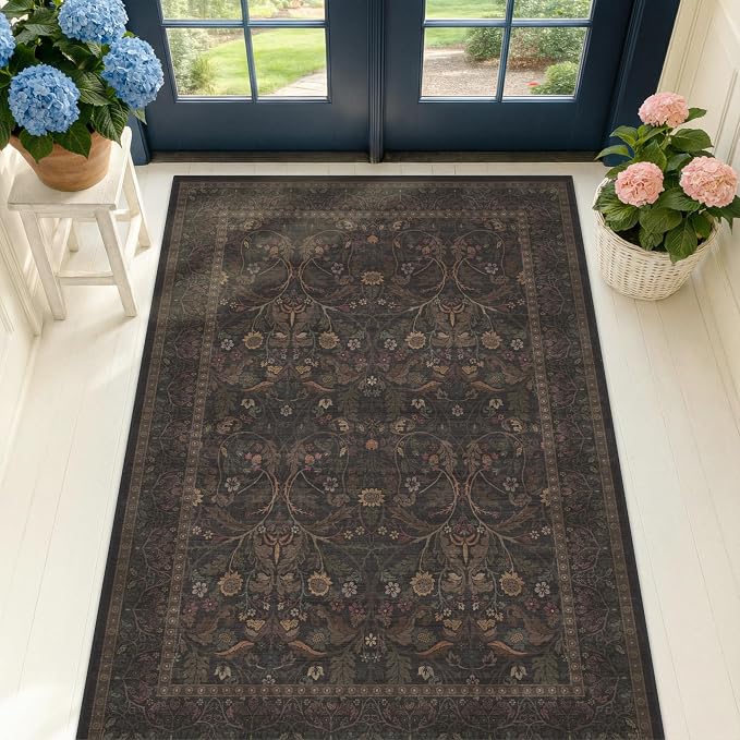3x5 Rustic Brown Large Entry Way Area Rugs Indoor Washable - Non-Slip Low Pile Kitchen Floor Mats, Floral Botanical Bedroom Rug, Thin Waterproof Laundry Room Rugs Stain Resistant