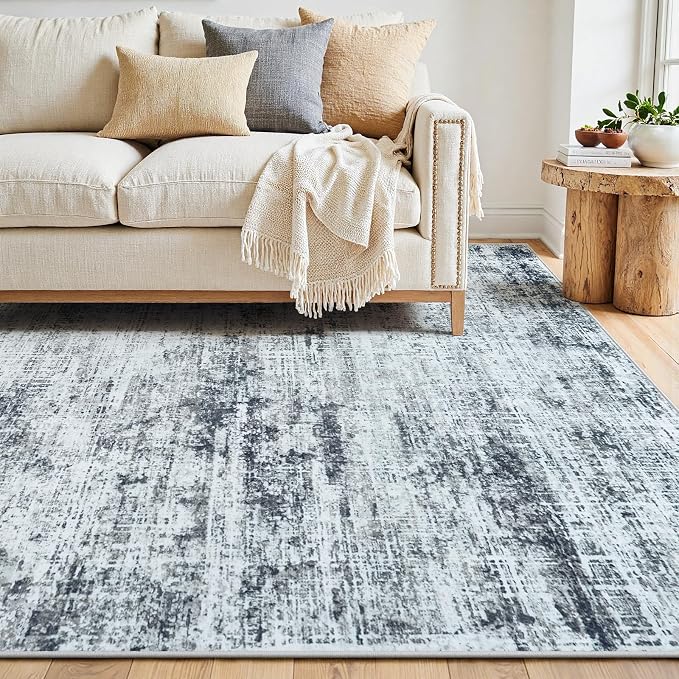 10x12 Washable Area Rug for Living Room Bedroom: Non-Slip Modern Black Grey | Machine Washable TPR Backing, Stain-Resistant Low Pile, Pet & Kid Friendly, Abstract Decor for Dining Room, Dorm, Home Office