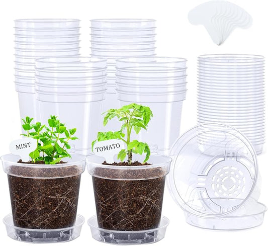 homenote 4 Inch Clear Nursery Pots 30 Pack with Drainage and Plant Saucers, Rigid High Transparency Plastic Nursery Pots for Plants,Thick Walled Planter Nursery Pots with Upgraded Drainage Holes