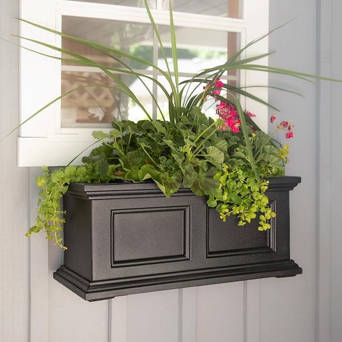 Mayne Fairfield 2ft Window Box, Self Watering Flower Box with Double Wall Design, All Season Fade Resistant Outdoor Window Planter with Steel Mounting Bracket, Black