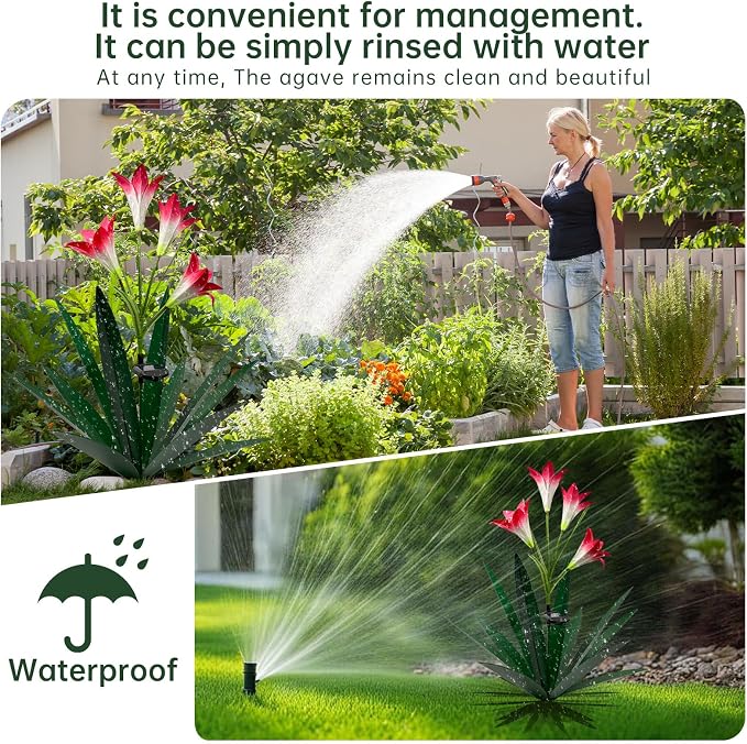 Homight Solar Metal Agave Lily Flower Garden Sculpture with LED Lights 30.3 Inch Waterproof Outdoor/Indoor Yard Decor Handmade Lawn Ornament Gift for Family Friends (2, Grass Green)