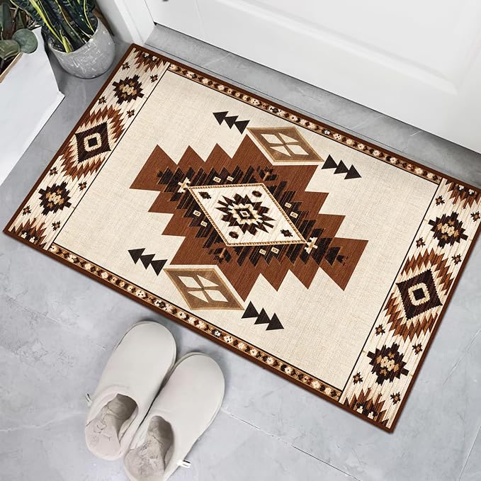 Western Entryway Rug 2x3 Southwestern Aztec Area Rug for Entry | Machine Washable Southwest Tribal Navajo Door Mat Low Pile Non-Slip Carpet for Entry Bedroom Kitchen Bathroom Laundry