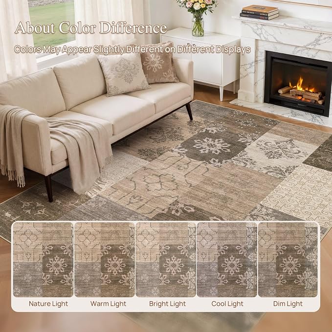 UERMEI 9x12 Area Rug for Living Room, Washable Brown Modern Geometric Patchwork Non Slip Stain Resistant Low Pile Foldable Carpet for Bedroom Dining Farmhouse Home Office