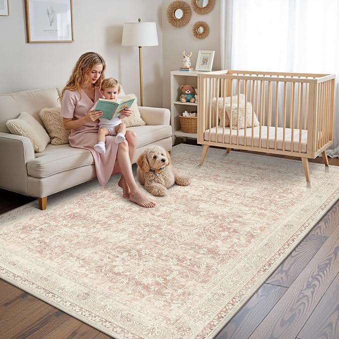 Latte&Fog Washable Area Rugs for Living Room 5x7 Pink Rug for Girls Bedroom | Non Slip Low Pile Soft Floral Cute Carpet for Dining Kitchen Kids Playroom Nursery Guest Room Classroom Dorm Farmhouse Office