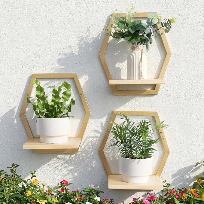 3 Pack Solid Wood & Metal Framework Wall Plant Stands,9 inch Natural Wood Shelf of Indoor,Mid Century Modern Hanging Planter for Outdoor Entryway 25 LB Load for Plants Golden