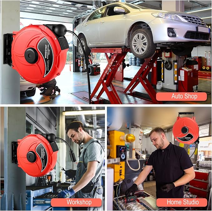 Retractable Air Hose Reel, 1/4 in x 50 FT Hybrid Polymer Hose, Air Compressor Hose Reel with 5 ft Lead in, Ceiling/Wall Mount Enclosed Air Reel, 180° Swivel Mount, Red/Black