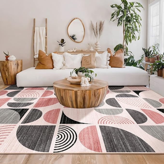 Pink Washable Rugs 9x12,Boho Area Rugs Non Slip Modern Abstract | Large Throw Carpet for Living Room Bedroom Dining Room Soft Low Pile Floor Indoor Bohemian Pink and Grey