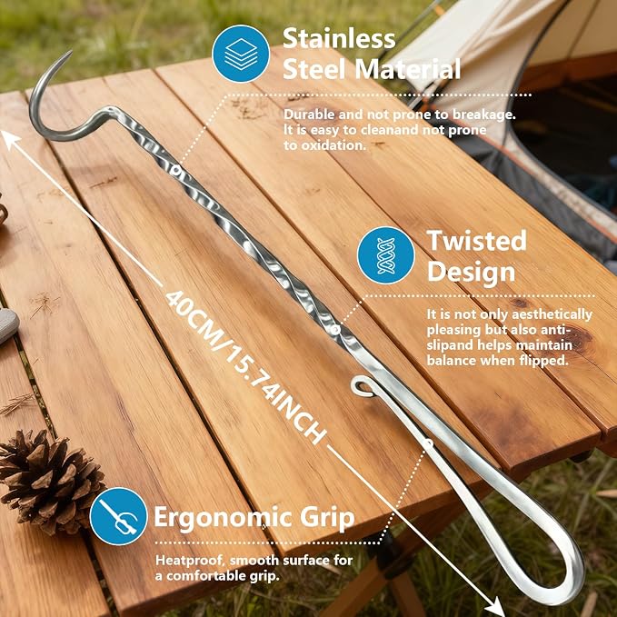 Meat Flipper, Grill Hooks for Turning, Heavy Duty Stainless Steel BBQ Turner Hooks with Long Handle for Flipping Ribs, Pork Shoulder, Roast on Smoker Grilling (Right Hand - B)