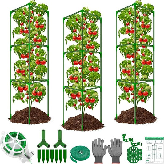 3 Packs Fiberglass Tomato Cages for Garden, 56 Inch Tall Tomato Plant Support, Adjustable Tomatoes Stakes Plant Climbing Trellis for Garden Vegetables Fruits, Tomatoes Support Cages with Clips