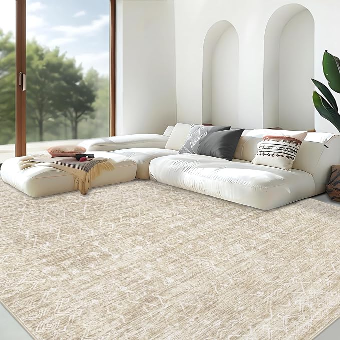 Area Rug for Living Room 9x12: Large Washable Boho Moroccan Rugs Geometric Neutral Rug, Non-Slip Foldable Morden Farmhouse Indoor Floor Carpet for Bedroom Dining Table Home (Moroccan Beige, 9'x12')