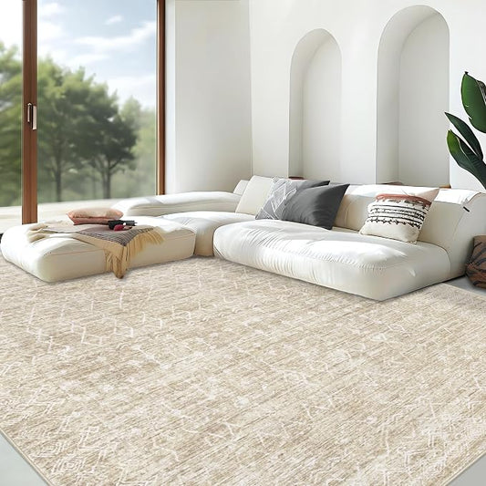 Area Rug for Living Room 9x12: Large Washable Boho Moroccan Rugs Geometric Neutral Rug, Non-Slip Foldable Morden Farmhouse Indoor Floor Carpet for Bedroom Dining Table Home (Moroccan Beige, 9'x12')