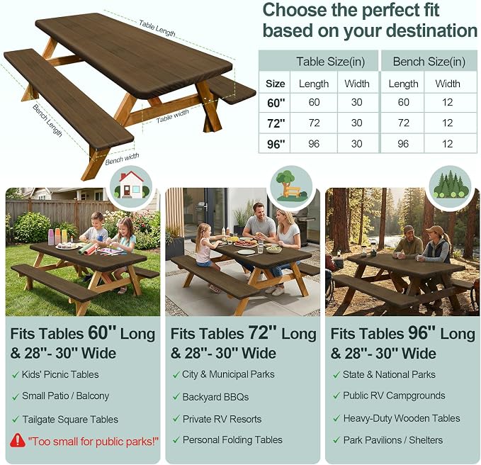 Picnic Table Cover with Bench Covers Camping Essentials Waterproof Windproof Camping Tablecloth with Drawstring Bag, Fitted Rectangle Tables and Seats, 96in, Dark Brown