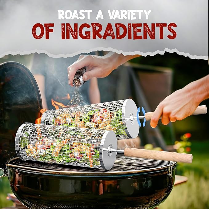Rolling Grill Basket for Veggies (2 PCS) | 304 Stainless Steel Grill Baskets for Outdoor Grill with Removable Wooden Handle | BBQ Baskets for Grilling | Vegetable Grill Basket | Fathers Day Gifts