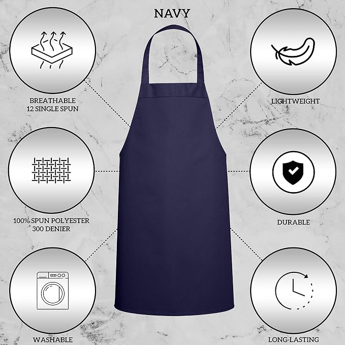 GREEN LIFESTYLE 12 Pack Professional Chef Apron – Grilling Aprons for Men, Waterproof Cooking Apron for BBQ, Work or Restaurant Use, Kitchen Aprons for Women – Navy, No Pockets