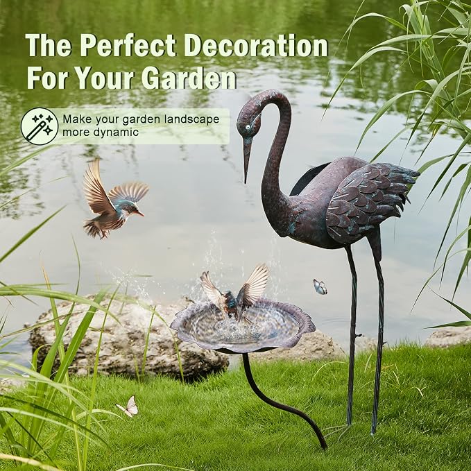 36"H Crane Bird Bath,Metal Birdbaths for Outdoor,Bird Feeders for Outdoors | Heron Garden Statues With bird bath,Vintage Birdbath for Garden Patio Lawn Decor