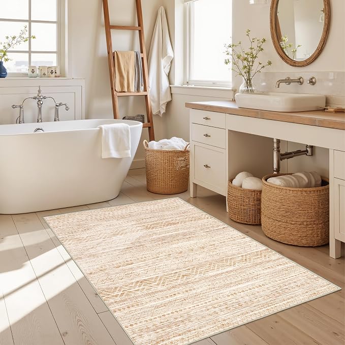 Miukiki 2x3 Entryway Rug Washable Non Slip Moroccan Area Rugs Beige | Soft Low Pile Kitchen Rug for Bedroom Bathroom Floor, Indoor Small Rug Easy Clean Machine Washable Rugs 2'x3'