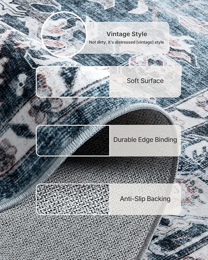 AMADA HOMEFURNISHING 8x10 Washable Area Rug, Low-Profile with Non-Slip Backing & Durable Edge Binding, Vintage Large Rugs for Living Room, Bedroom, Dining Room, Blue