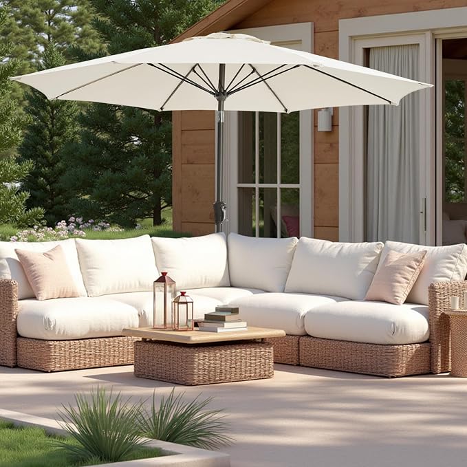 9FT Large Outdoor Patio Umbrella Pool Market Umbrella-UV Resistant, Easy Push Button Tilt and Crank, 8 Sturdy Ribs Heavy-Duty Table Umbrella for Deck, Backyard, Garden (White)