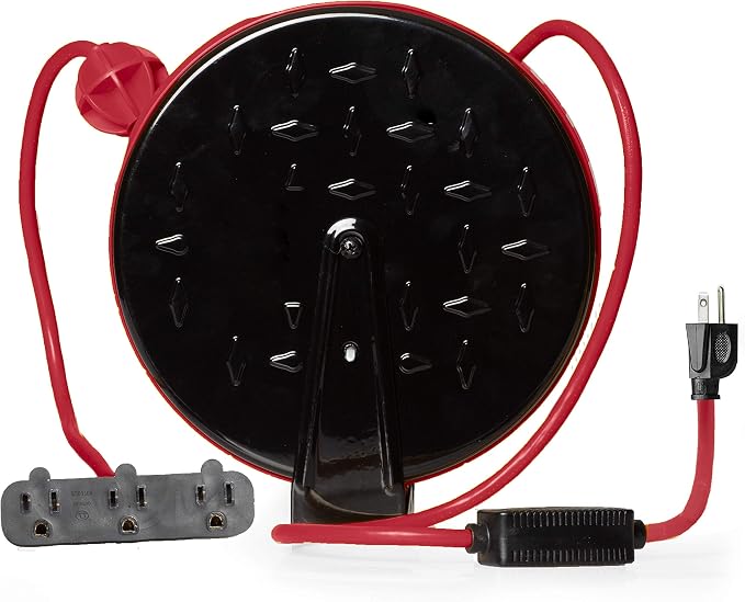 IRON FORGE CABLE 30Ft Retractable Extension Cord Reel with Breaker Switch & 3 Electrical Power Outlets - 16/3 SJTW Durable Red Cable - Perfect for Hanging from Your Garage Ceiling