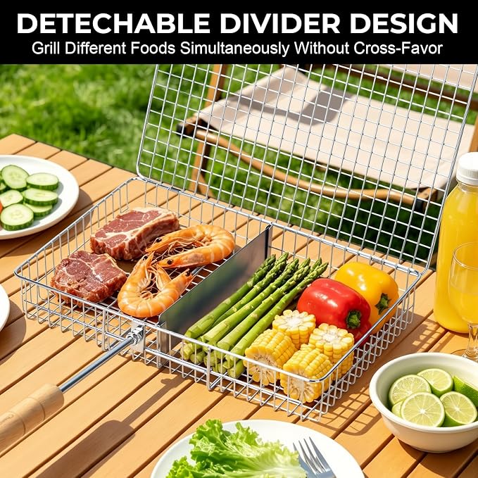 Grill Baskets for Outdoor Grill,Removable Wooden Handle and Divider Panel,BBQ Accessories for Grilling Fish,Veggies,Shrimp,Meat,Premium 304 Stainless Steel,Grilling Tools for Outdoor Cooking & Picnics,Gifts for Father’s Day,Birthday,Festival,Anniversary