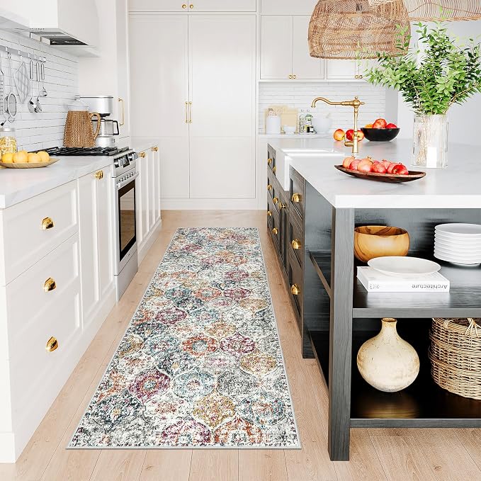 Lahome Moroccan Hallway Runner Rug, 2x6 Kitchen Runner Rugs Washable | Bthroom Non Skid Trellis Vintage Laundry Room Rug Ultra-Thin Carpet for Bathroom Bedroom Entryway Elise,Aqua/Multi