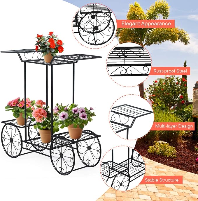Giantex 6-Tier Plant Stand Flower Pot Holder Metal Flower Display Shelf with 4 Decorative Wheels Multilayer Parisian Style Plant Pot Holder Rack for Indoor, Garden, Patio, 32"L x 10"Wx 30"H, Black