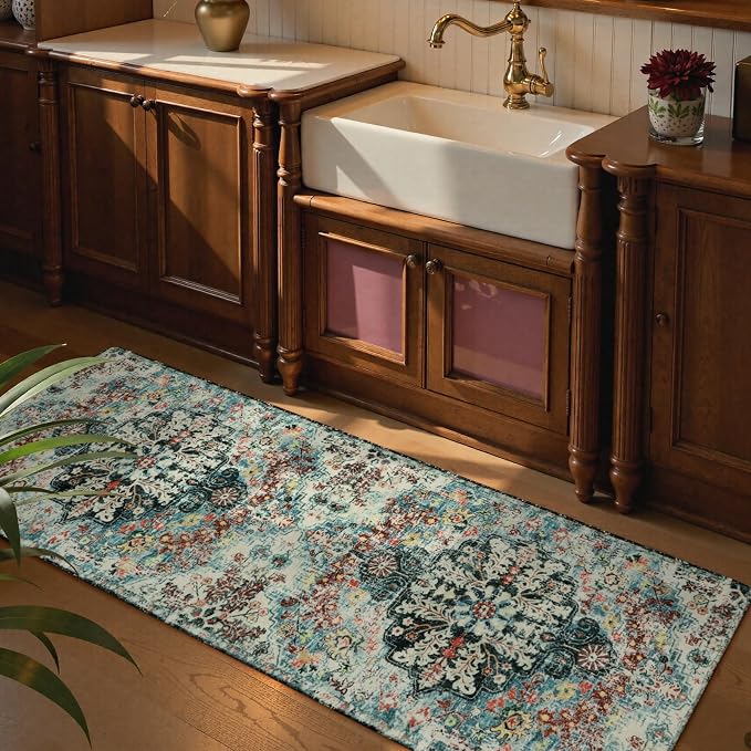 Lahome Reine Bohemian Floral 2'8" x 8' Washable Hallway Runner Rug, Non Slip Kitchen Carpet Runners, Turkish Soft Pet Friendly Stair Mat for Bathroom Laundry Room Sunroom, Teal